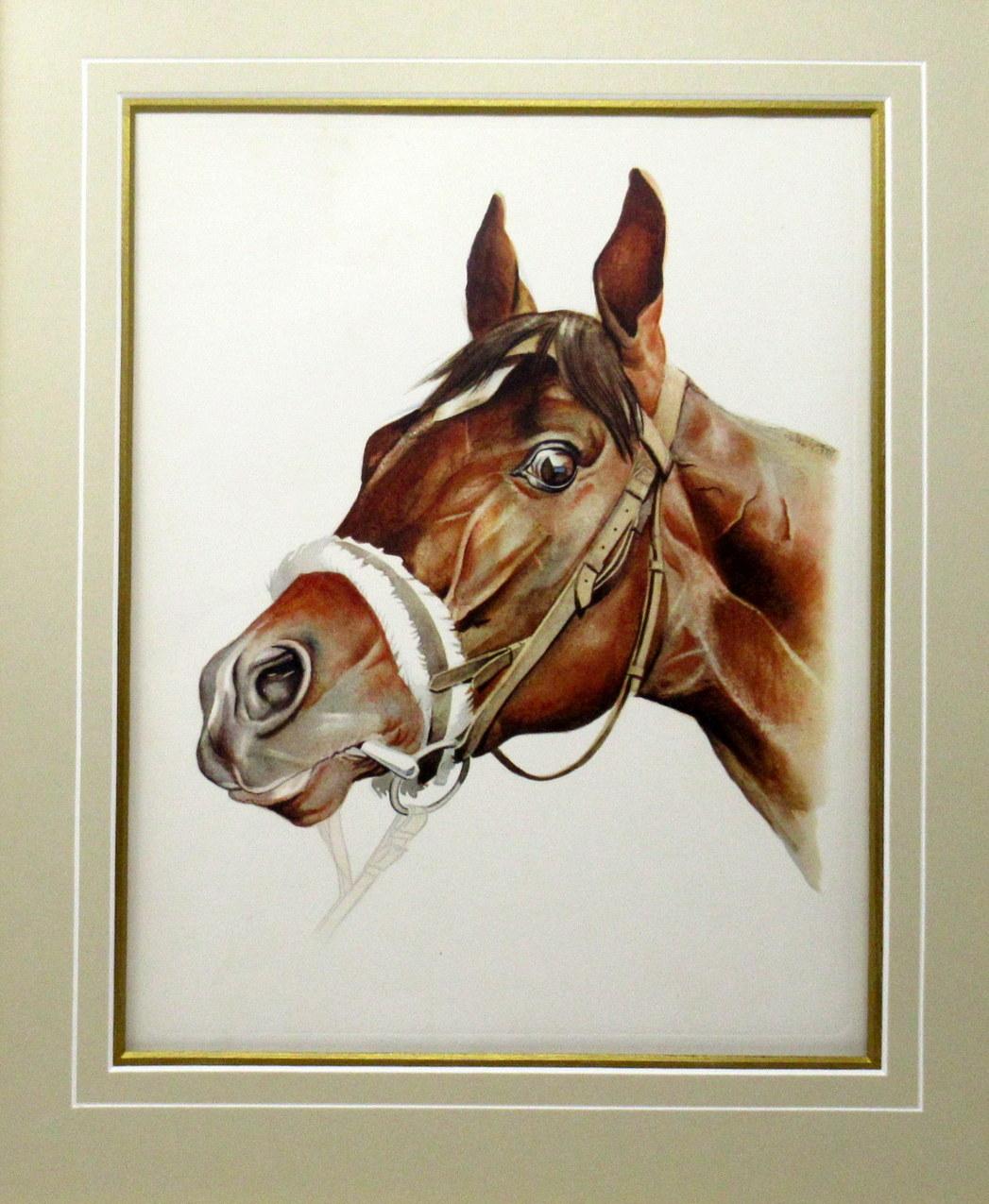 An exceptionally fine quality framed color print on paper of French origin, depicting a French Thoroughbred Racehorse named Djebel 1937-1958, 
Complete with printed eight-page booklet, see images. 
Professionally re-mounted on artists card within