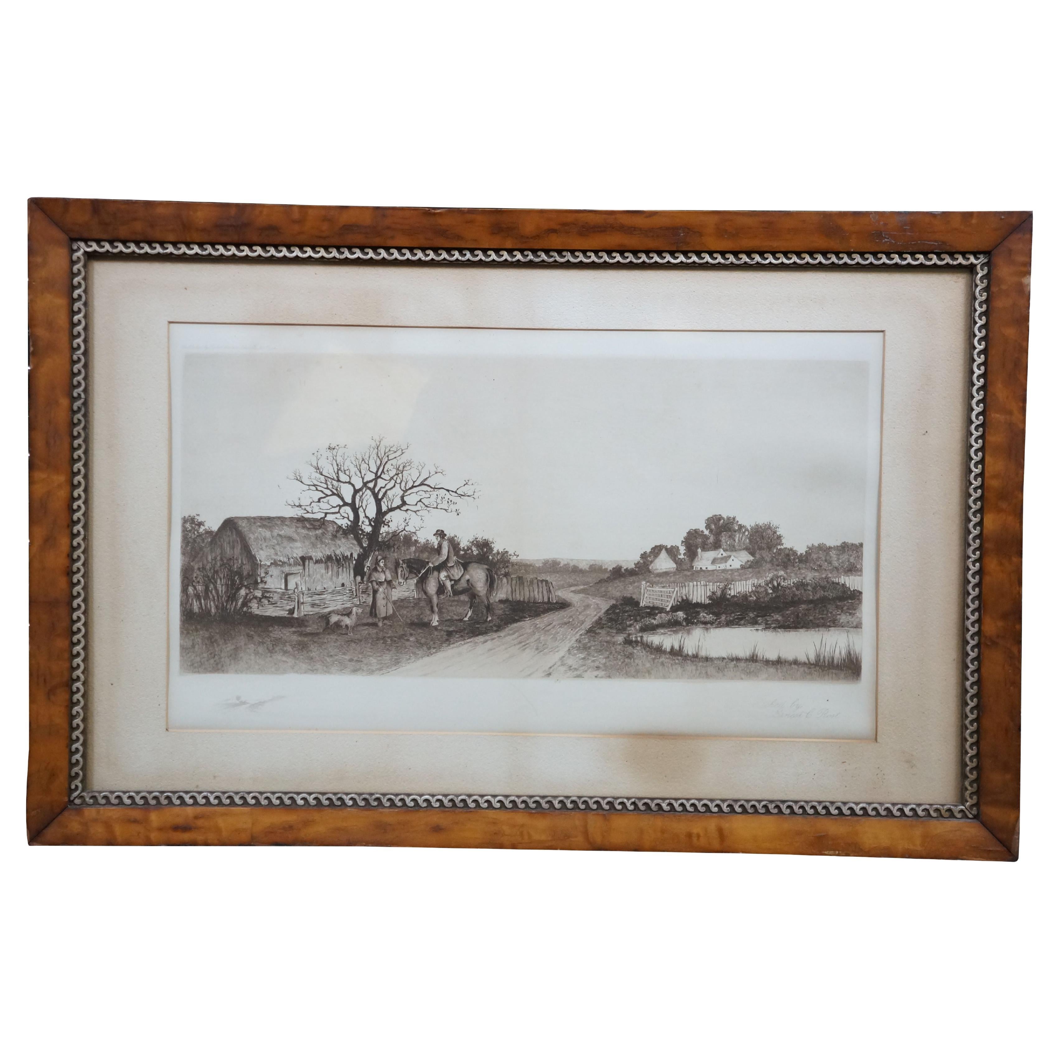 Antico Ernest C Rost A Wayside Conversation Farm Landscape Etching 29" in vendita