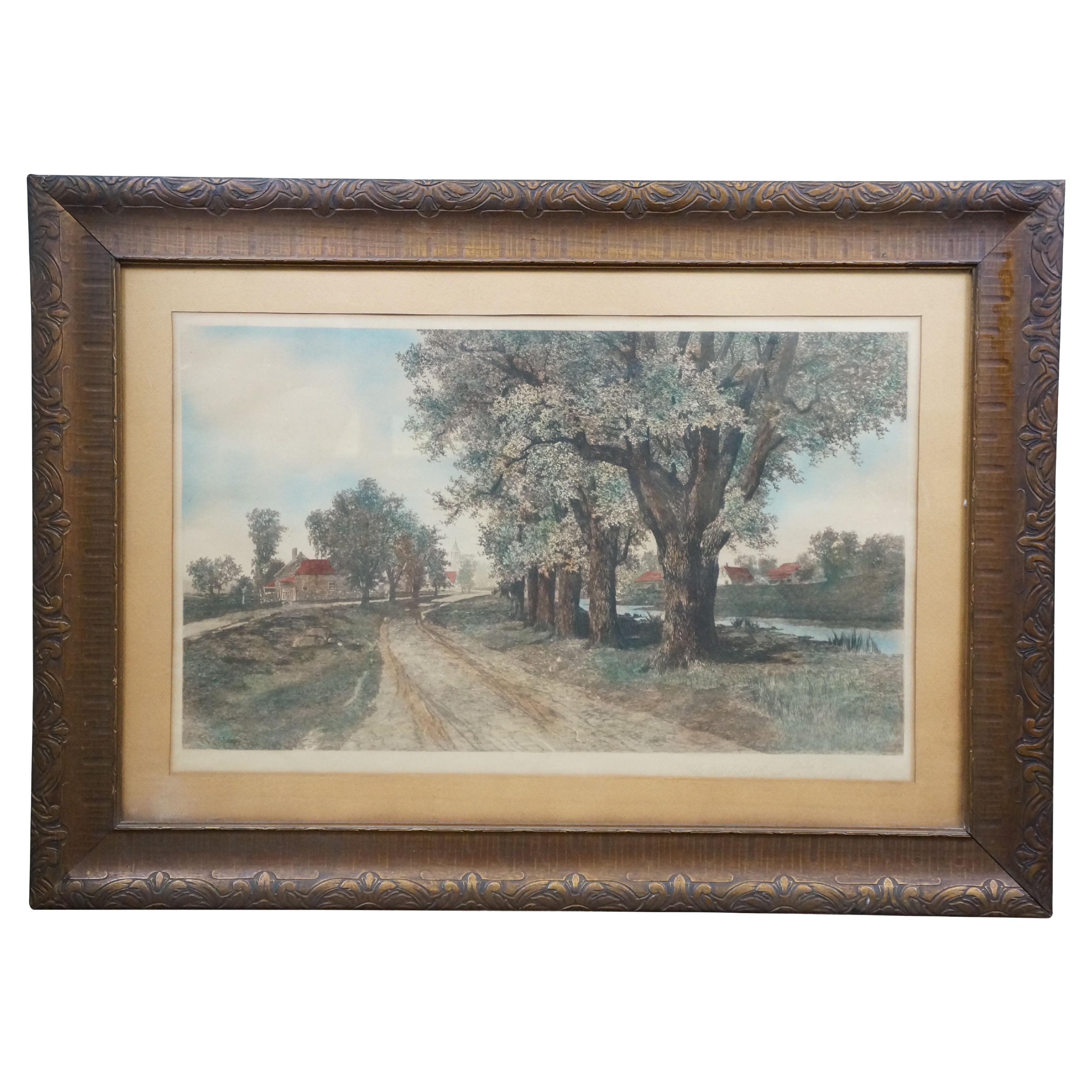 Antiguo Ernest C Rost Old Elm Road Paisaje campestre Grabado al aguafuerte 36" (36 cm) en venta