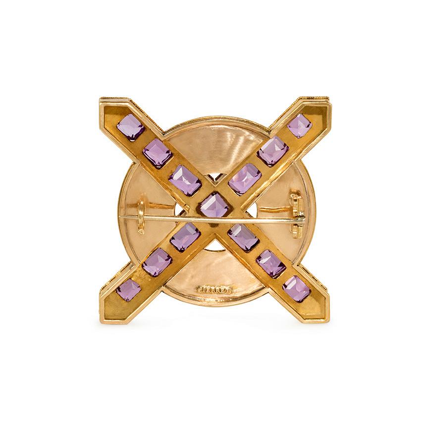 Emerald Cut Antique Ernesto Pierret Etruscan Revival Gold and Amethyst Brooch For Sale