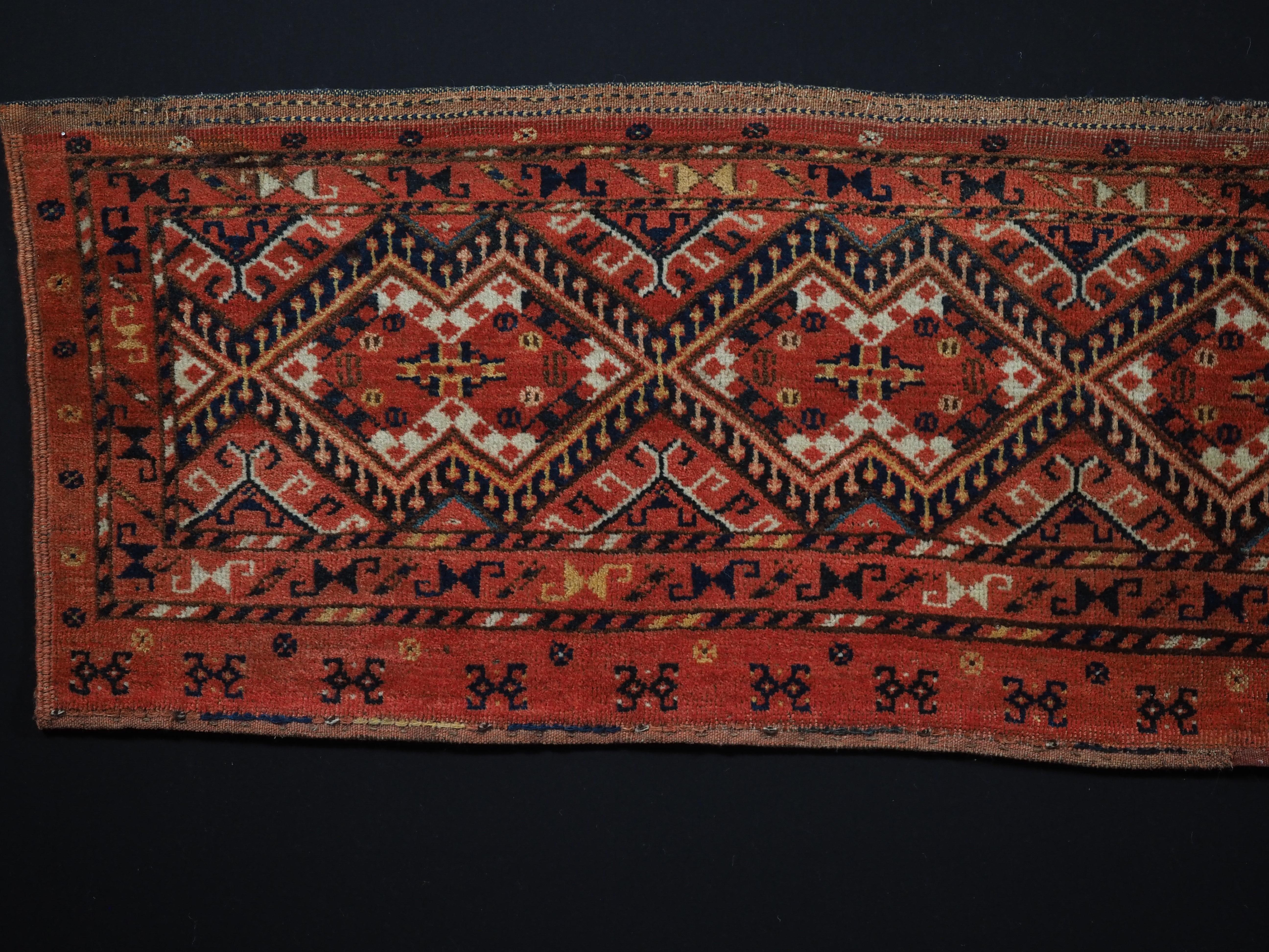 Size: 5ft 7in x 1ft 6in (170 x 46cm)

Antique Ersari Beshir Turkmen torba with ikat design.

Circa 1890.

Torba are shallow wall bags used mainly in tents or yurts for the storage of personal belongings, they were also used to decorate the sides of