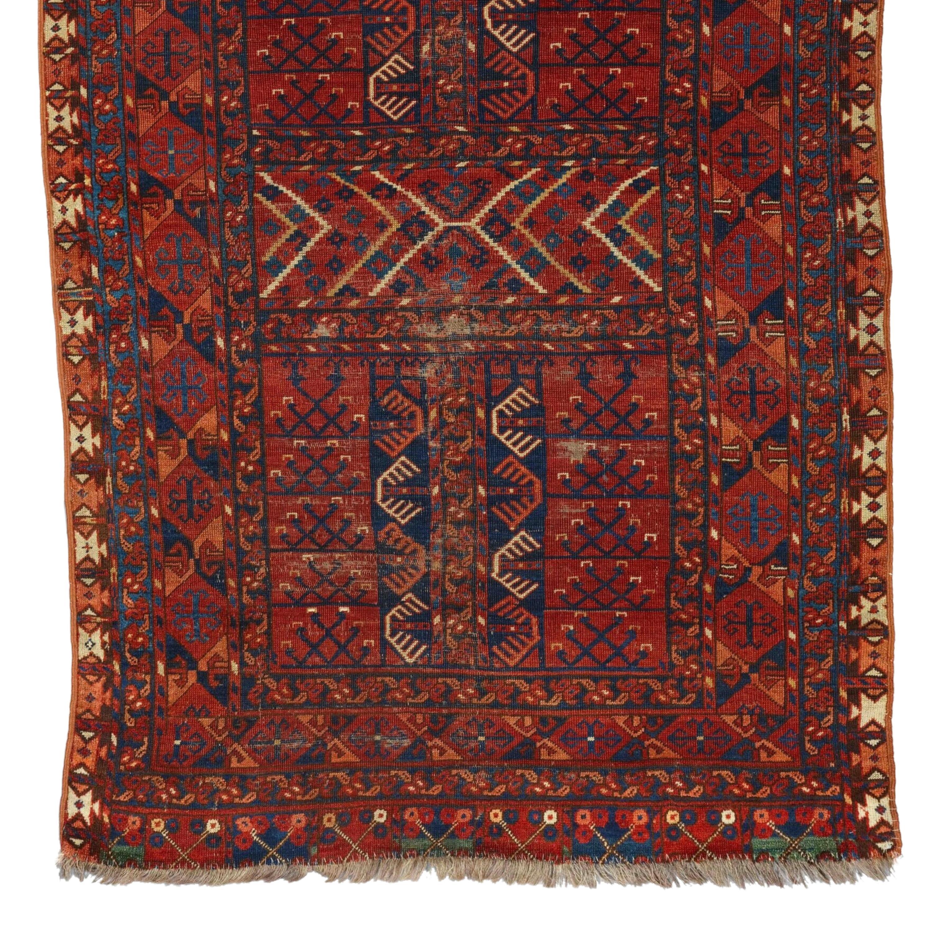 Middle of 19th Century Turkmen Ersari Ensi  Antique Rug
Size 130 x 190 cm

This Turkmen Ersari Ensi carpet is a work of art woven in Turkmenistan in the mid-19th century. This carpet, dominated by dark red color, has geometric patterns enriched with