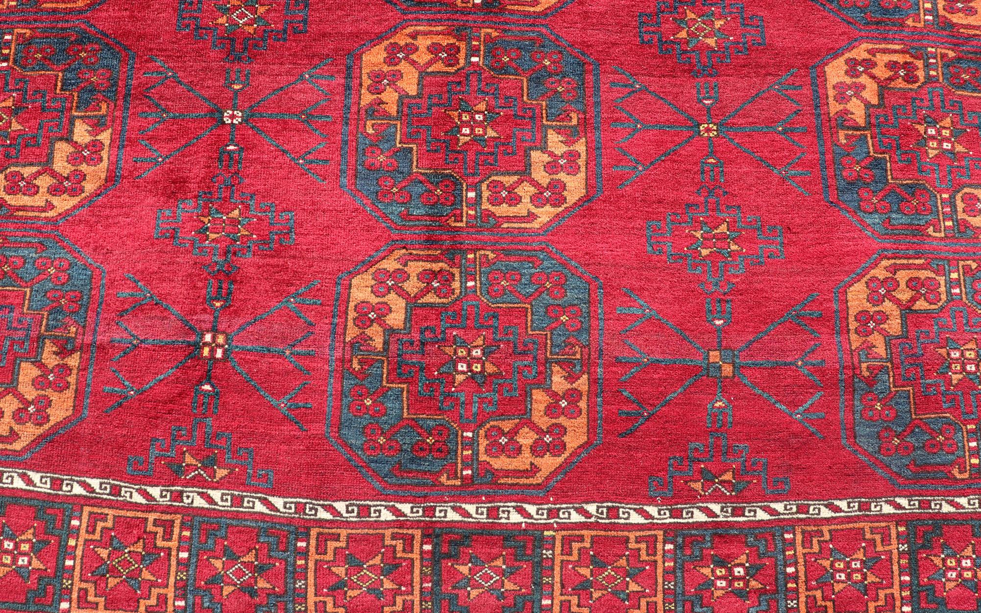 Antique Ersari Rug in Wool with Gul Design in Ivory, Blue, Red and Orange For Sale 3