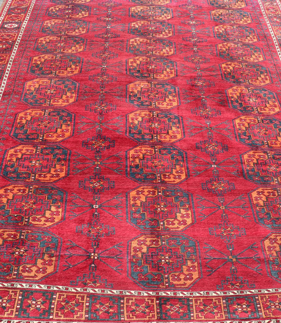 Antique Ersari Rug in Wool with Gul Design in Ivory, Blue, Red and Orange For Sale 4