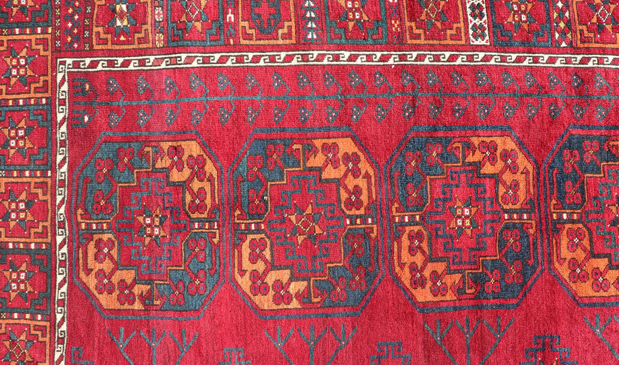 Antique Ersari Rug in Wool with Gul Design in Ivory, Blue, Red and Orange For Sale 5