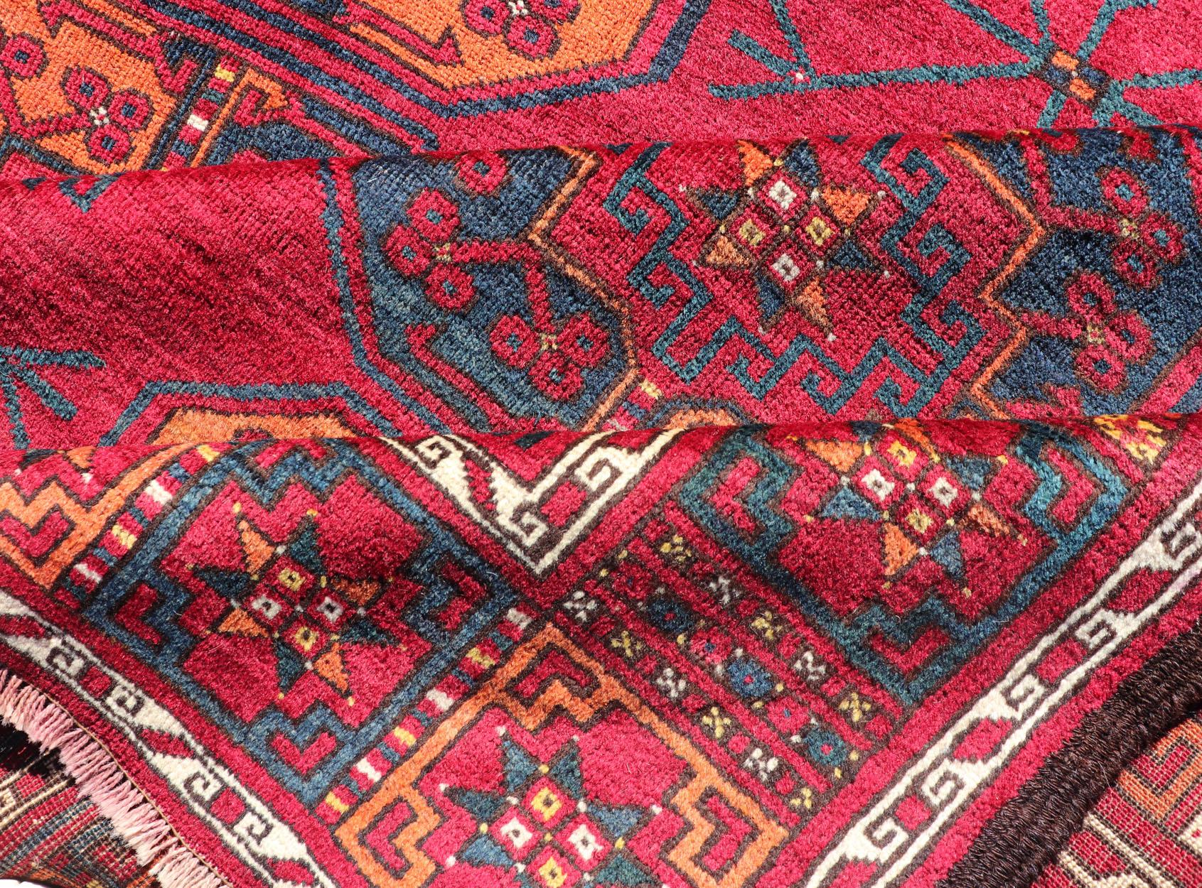 Antique Ersari Rug in Wool with Gul Design in Ivory, Blue, Red and Orange For Sale 6