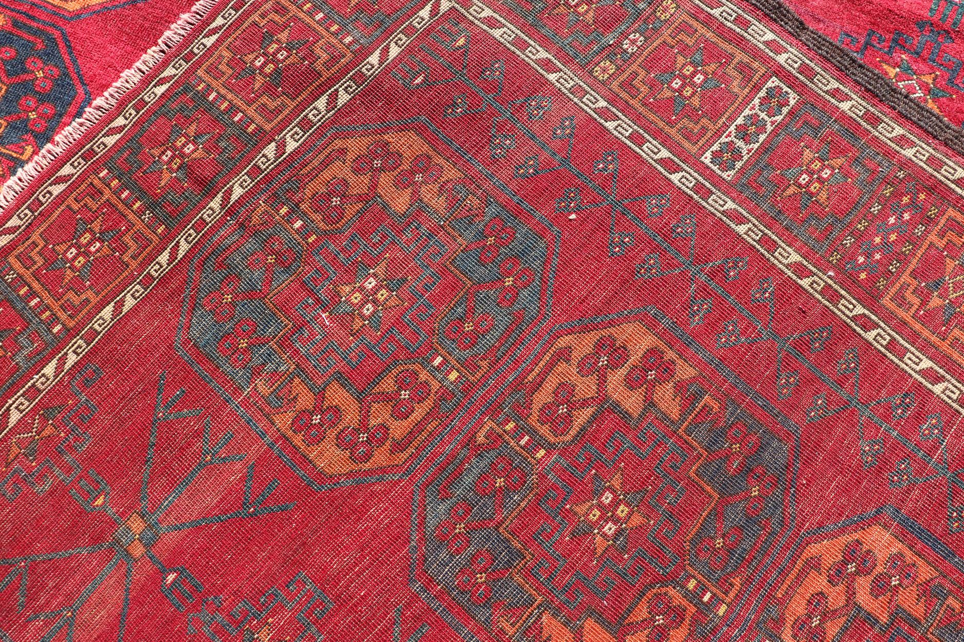 Antique Ersari Rug in Wool with Gul Design in Ivory, Blue, Red and Orange For Sale 7