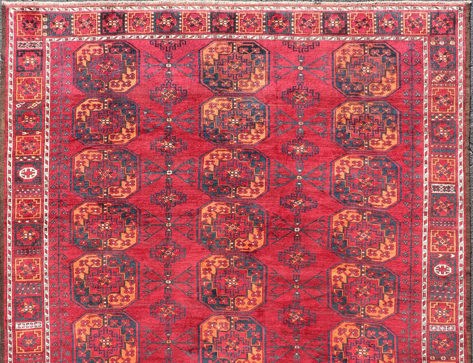 Turkestan Antique Ersari Rug in Wool with Gul Design in Ivory, Blue, Red and Orange For Sale