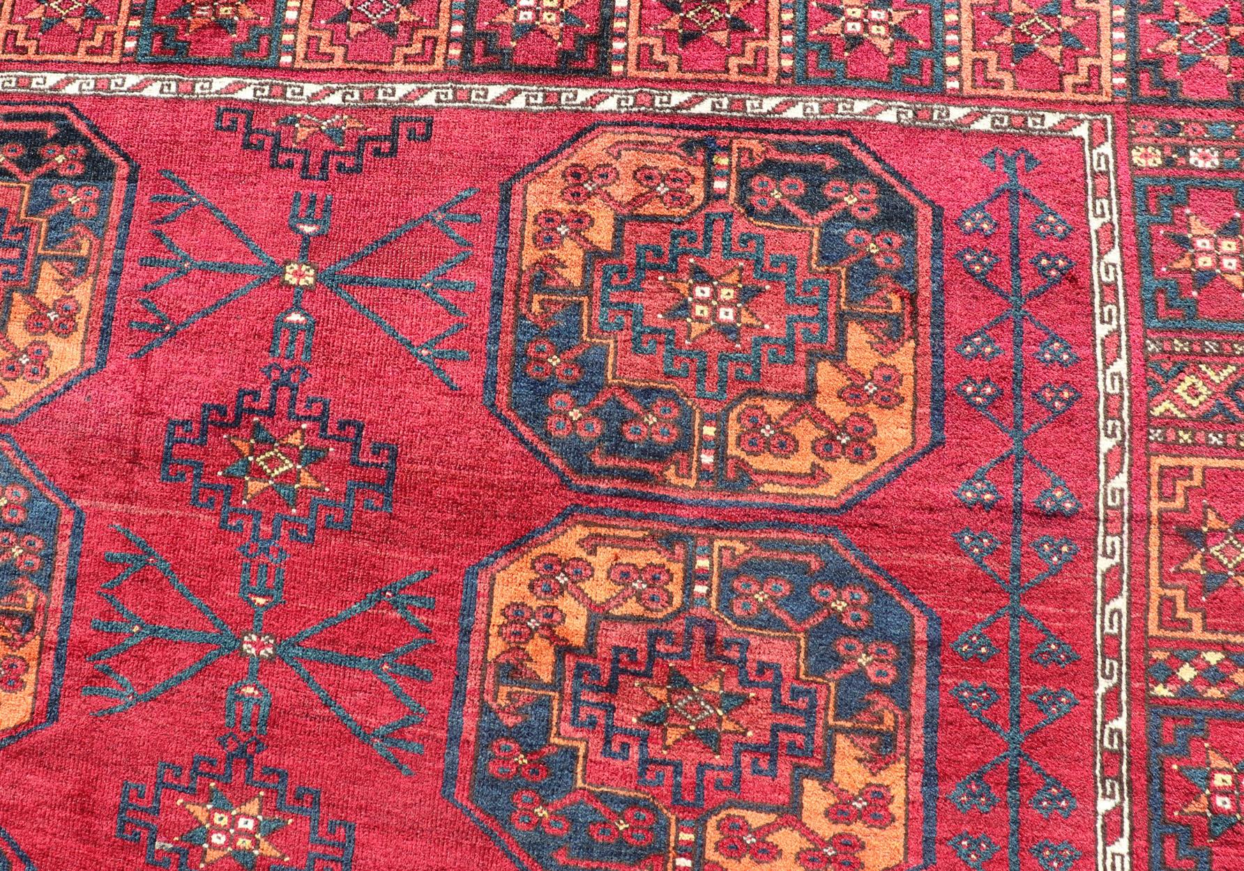 Antique Ersari Rug in Wool with Gul Design in Ivory, Blue, Red and Orange For Sale 1