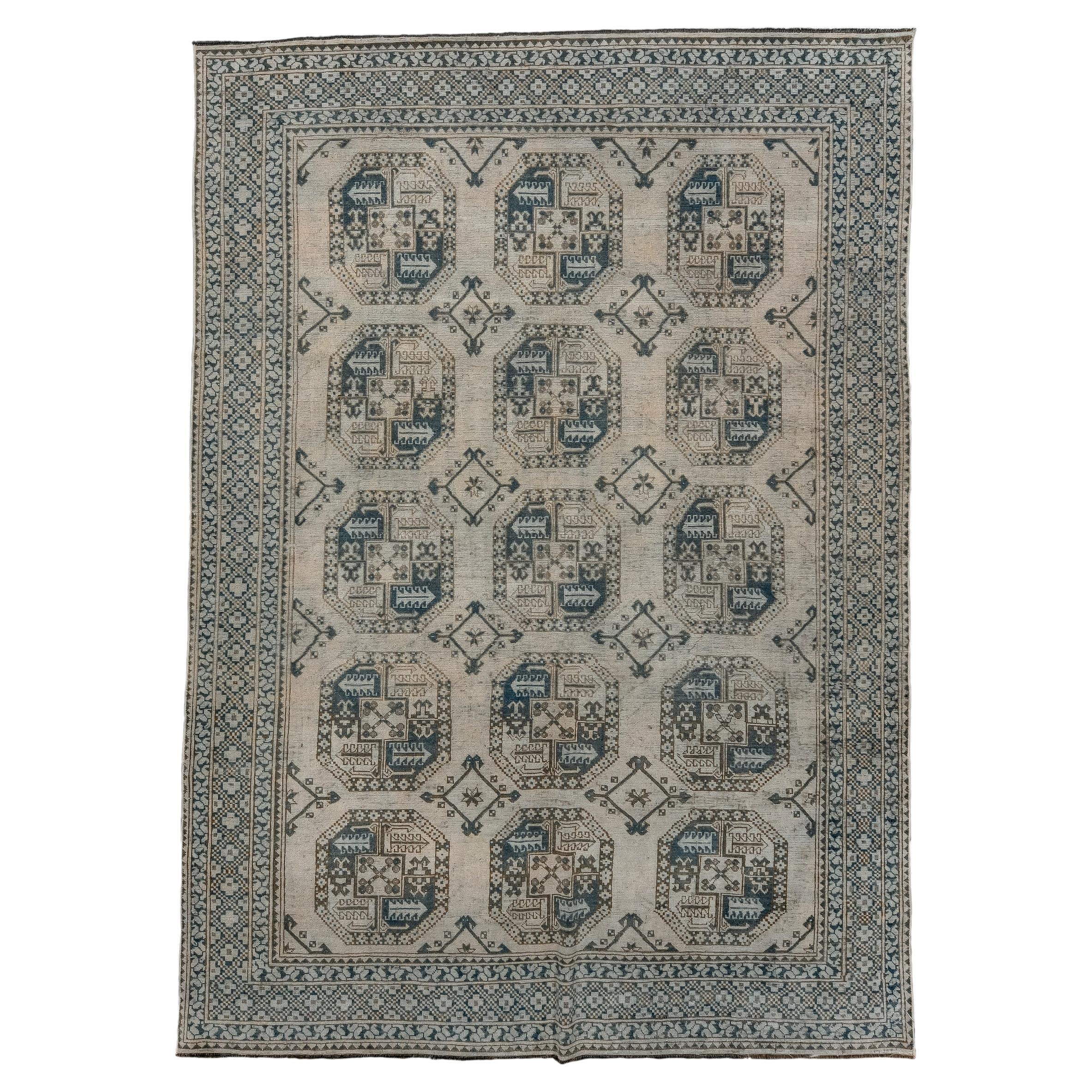 Antique Ersari Rug with Brown and Blue Details and Diamond Border