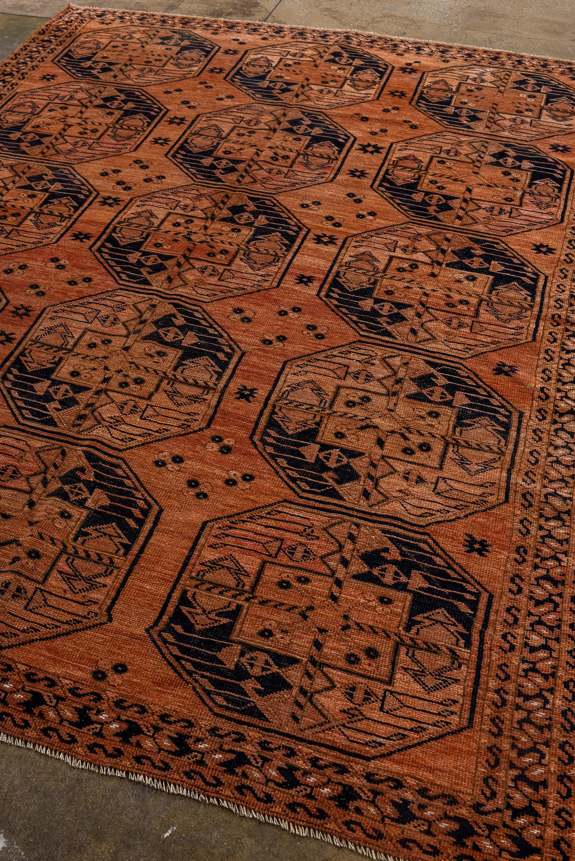Afghan Antique Ersari Rug with Rust Field with Black Details  For Sale