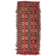 Antique Circa 1900 Ersari Torba, Repeated Pattern in Coral, Navy, and Brown Wool