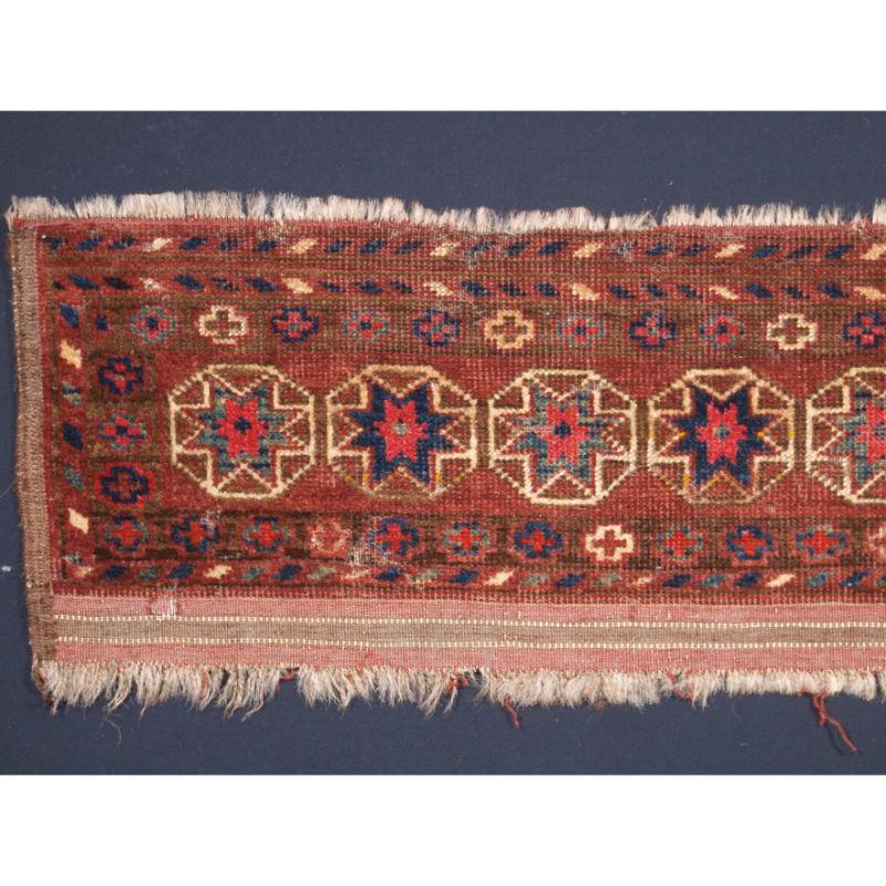 Antique Ersari Turkmen germech with star design.

This is a very scarce Turkmen weaving, it is believed that germech were hung across the entrance to the tribal yurt in the door way below the ensi at ground level. The purpose was to stop dirt and