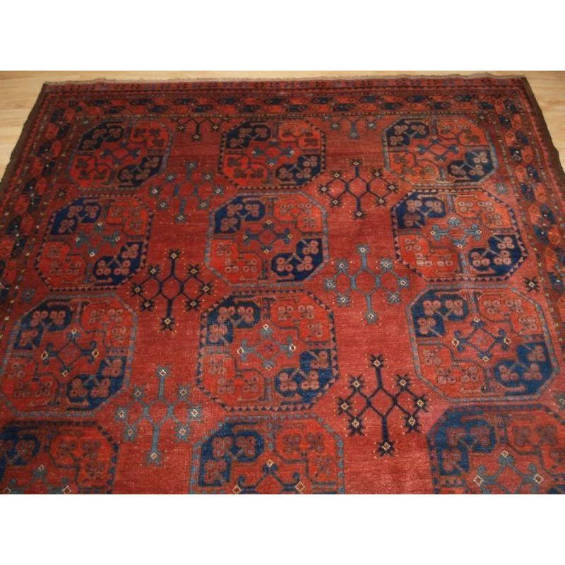 This fine carpet has three rows of six large guls with a linked star shaped minor gul. Note the single row of floral rosettes at each end outside the border, this is quite unusual. The carpet is of a scarce small size. The colours in this carpet are