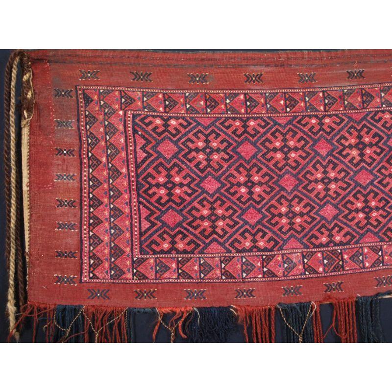 Antique Ersari Turkmen torba with attractive embroidered design to the face.

A good tribal Ersari torba with soft colours. The torba has survived very well with some of the original long tassels still intact. These torba were used to decorate the