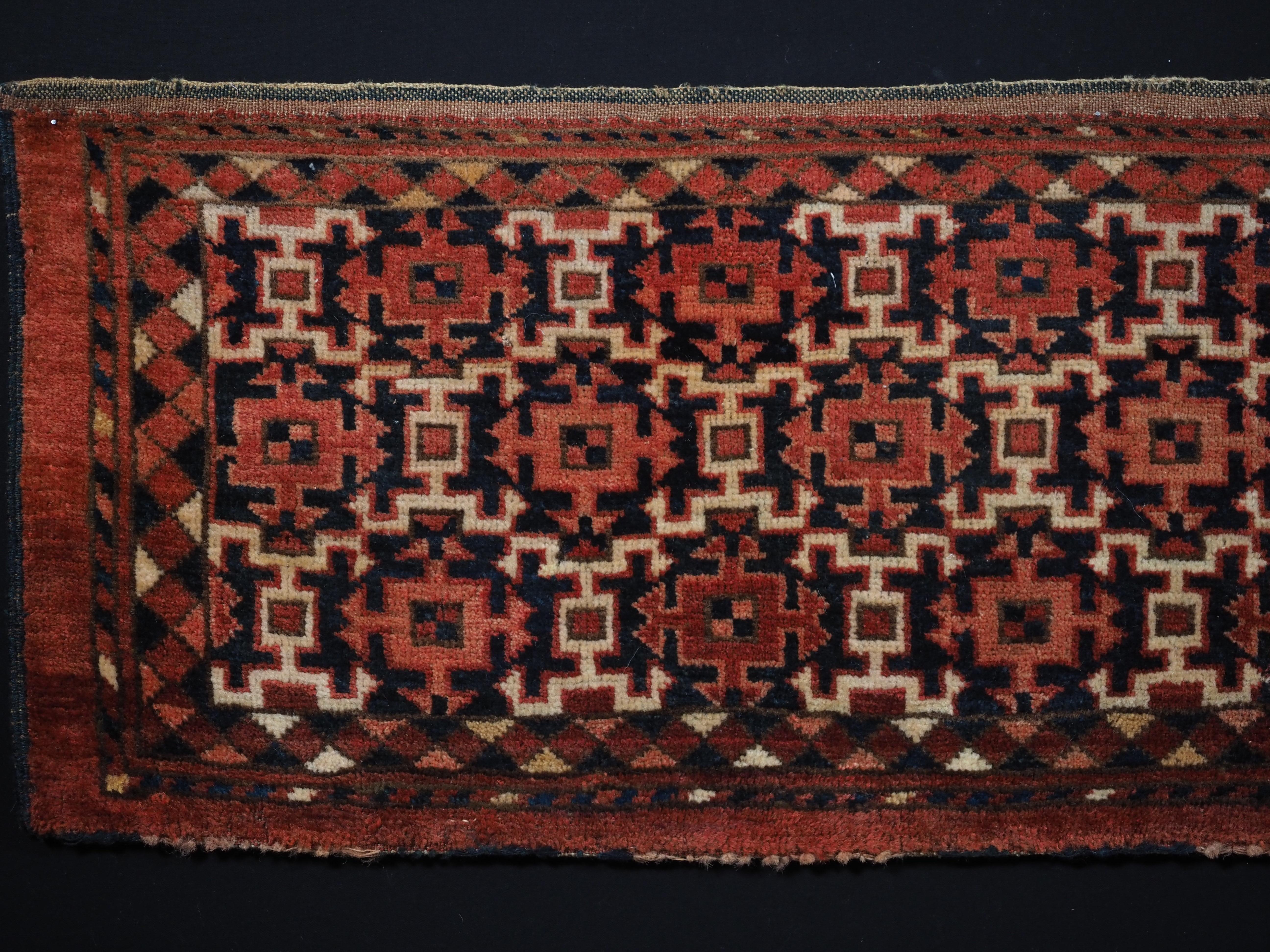
Size: 4ft 11in x 1ft 4in (150 x 41cm)

Antique Ersari Turkmen torba with kochak design.

Circa 1880.

Torba are shallow wall bags used mainly in tents or yurts for the storage of personal belongings, they were also used to decorate the sides of a