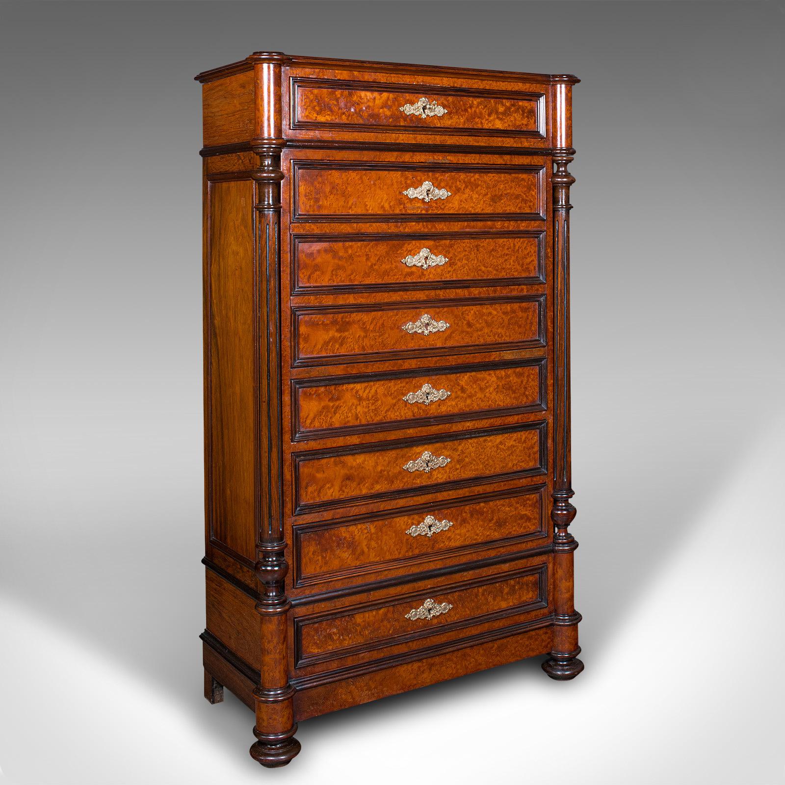 This is an antique escritoire cabinet. A French, burr walnut secretaire chest of drawers with writing desk, dating to the late Victorian period, circa 1900.

Attractive presentation, with quality figuring and generous writing slope
Displays a