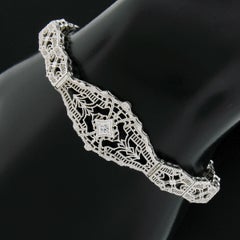Antique Esemco 10k White Gold 0.03ct Diamond Milgrain Filigree Belly Bracelet