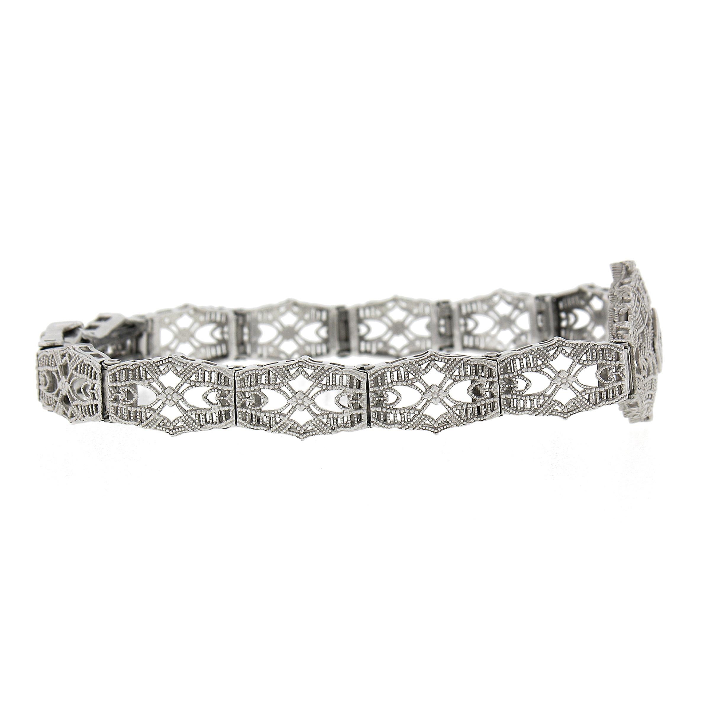 Art Deco Antique Esemco 10k White Gold 0.03ct Diamond Milgrain Filigree Belly Bracelet For Sale