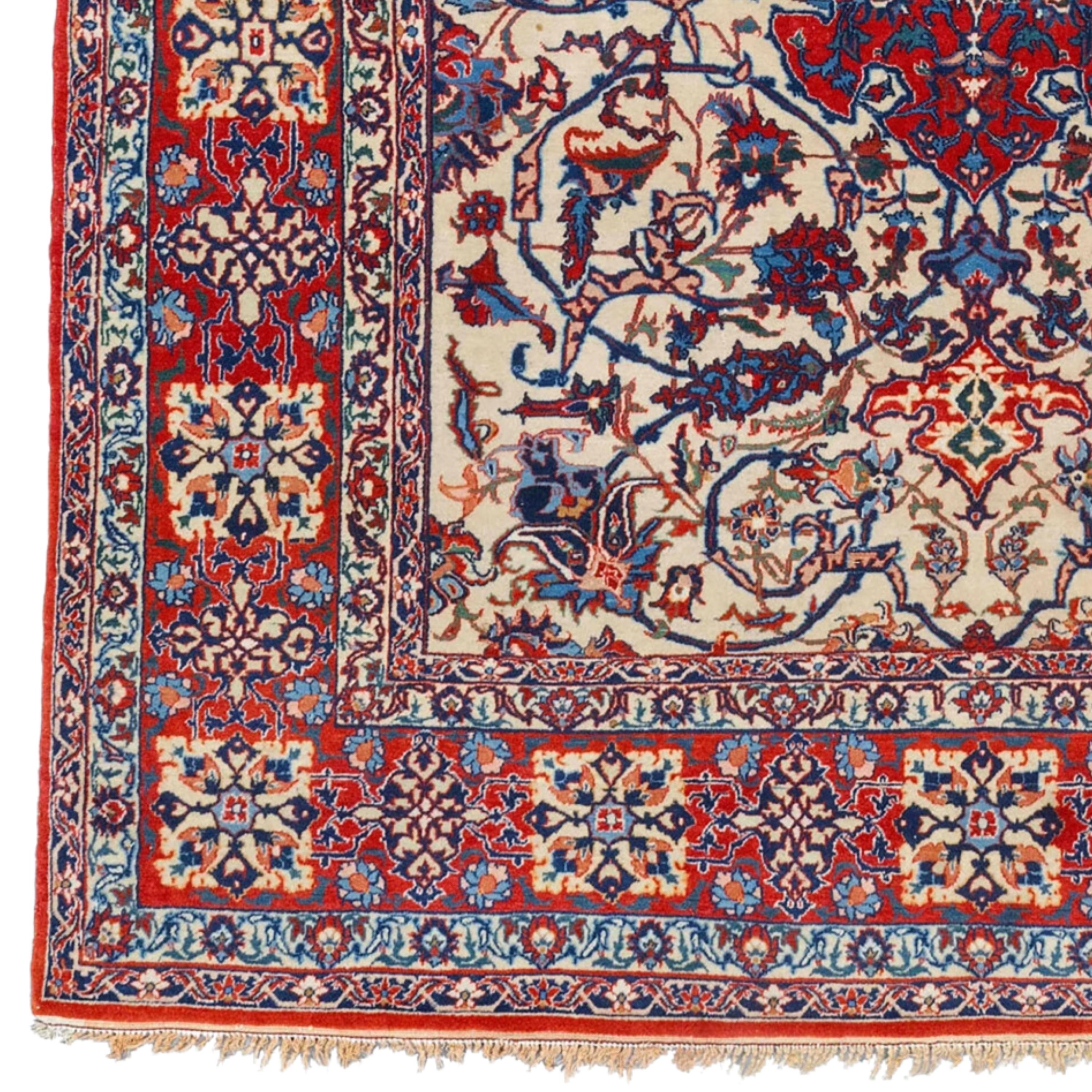 Late of 19th Century Prayer Esfahan Rug
Size: 146x212 cm

This impressive late 19th-century Esfahan Carpet is a masterpiece reflecting the elegant and sophisticated craftsmanship of a historic period.

Rich Patterns: The carpet is decorated with