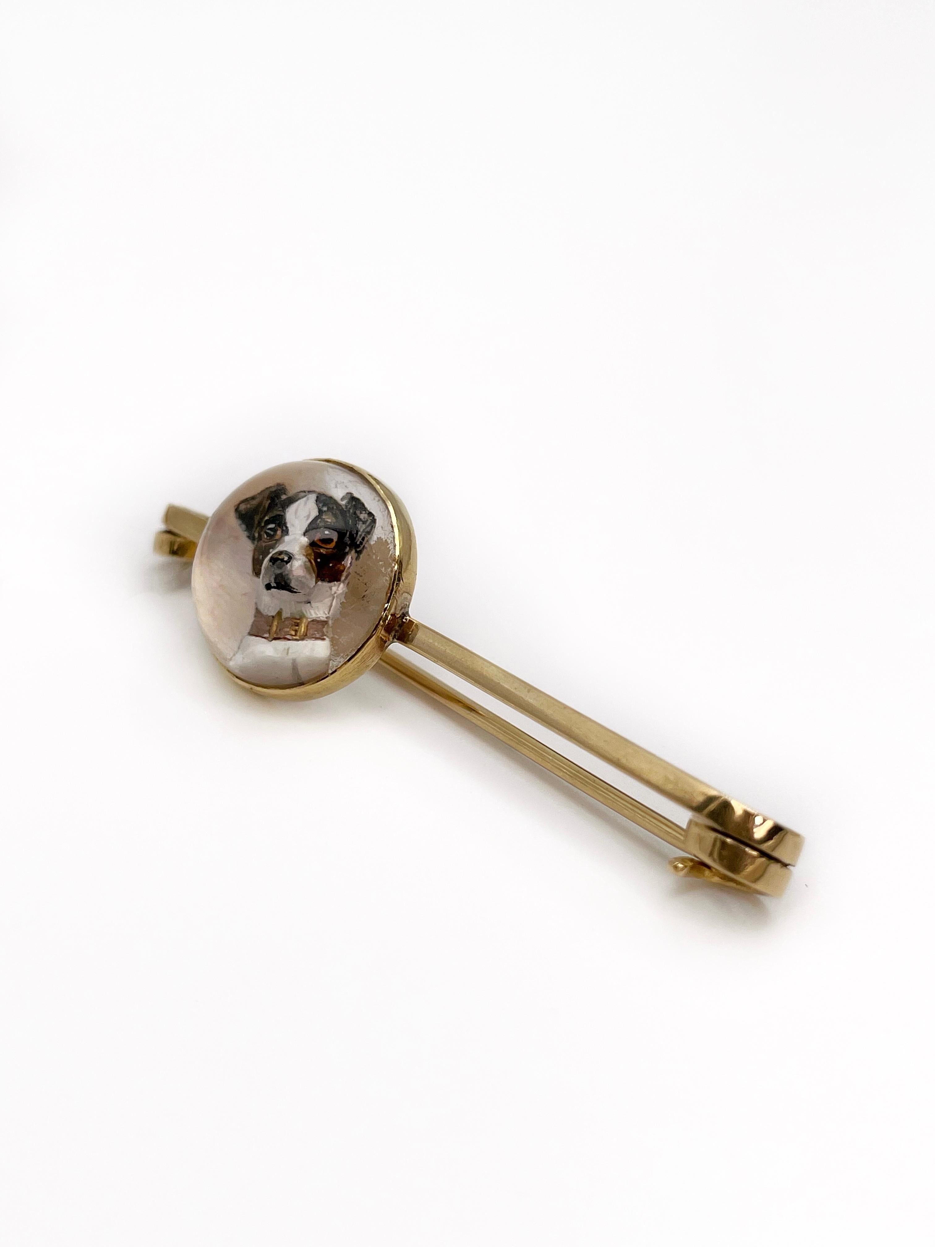 Viktorianische 18 Karat Gold Essex Kristall Hund Miniature Bar Brosche (Cabochon) im Angebot