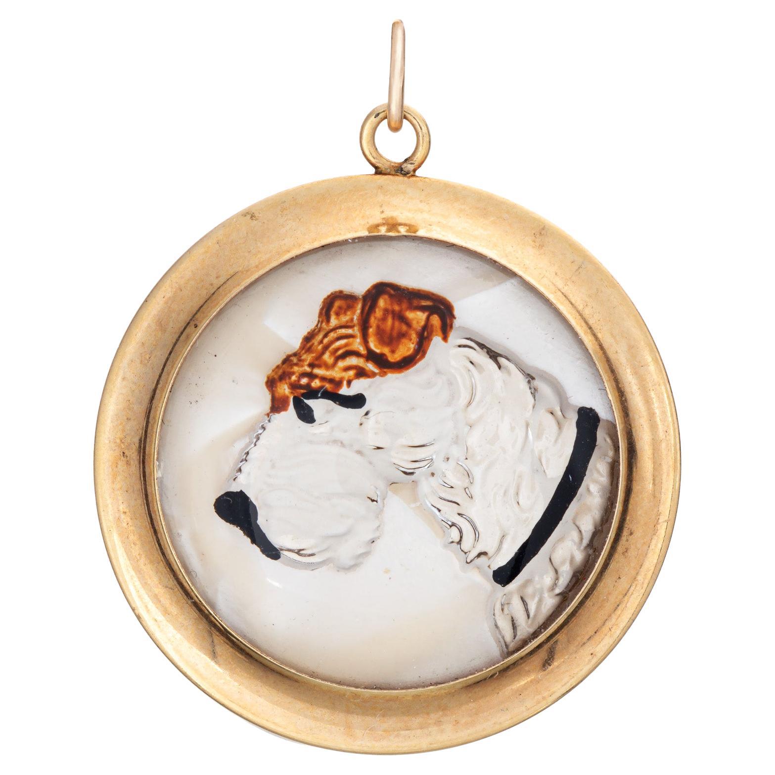 Ciondolo di cristallo antico Essex Fox Terrier Ciondolo in oro giallo 14k Gioielli per cani