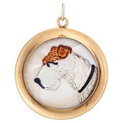 Antique Essex Crystal Fox Terrier Pendant 14k Yellow Gold Charm Dog Jewelry