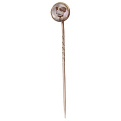 Antique Essex Crystal Jack Russell Dog Stick Pin 15 Karat Gold & Mother Of Pearl