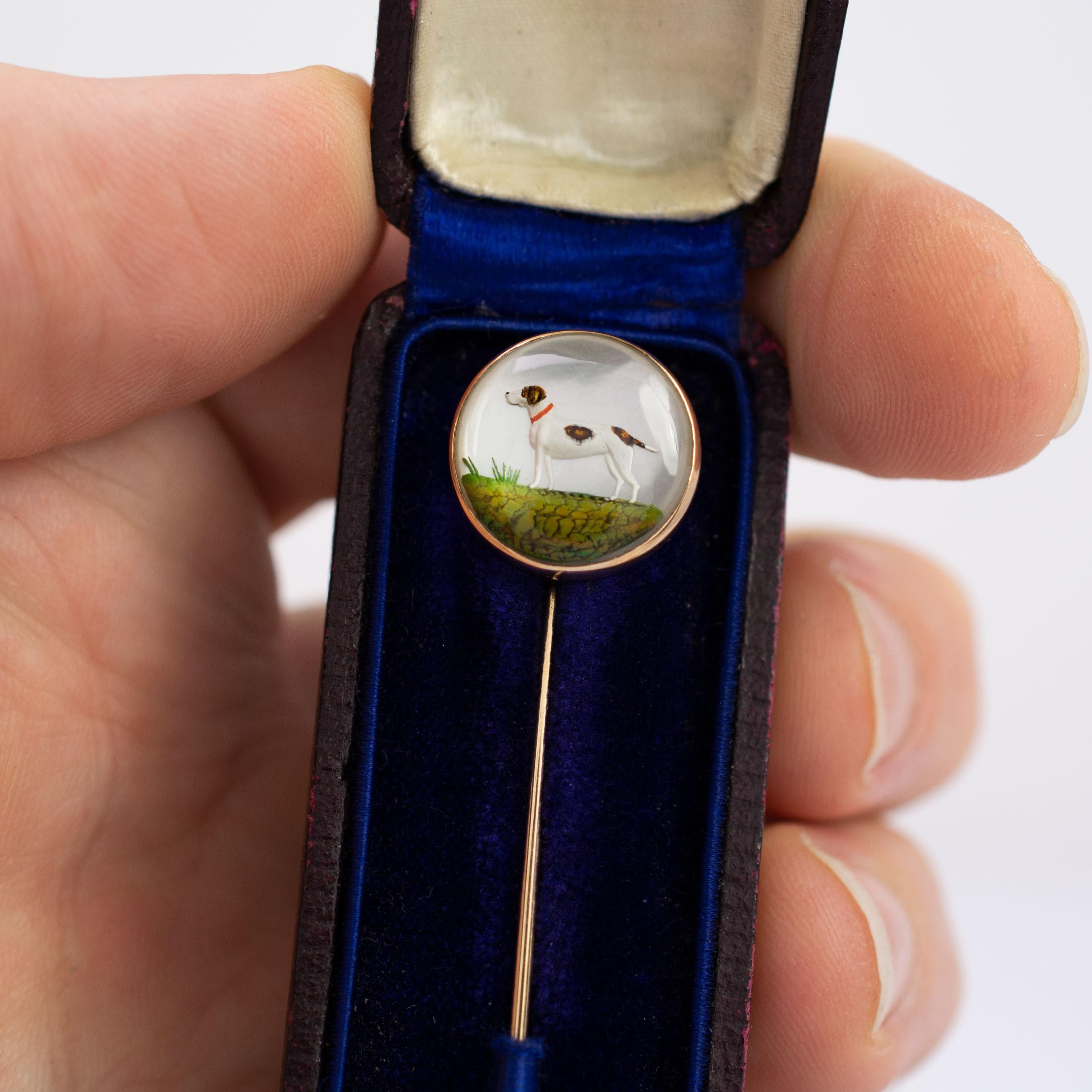 Antique Essex Crystal Pointer Dog Stick Pin 15 Karat Gold, circa 1900 (Art déco) im Angebot