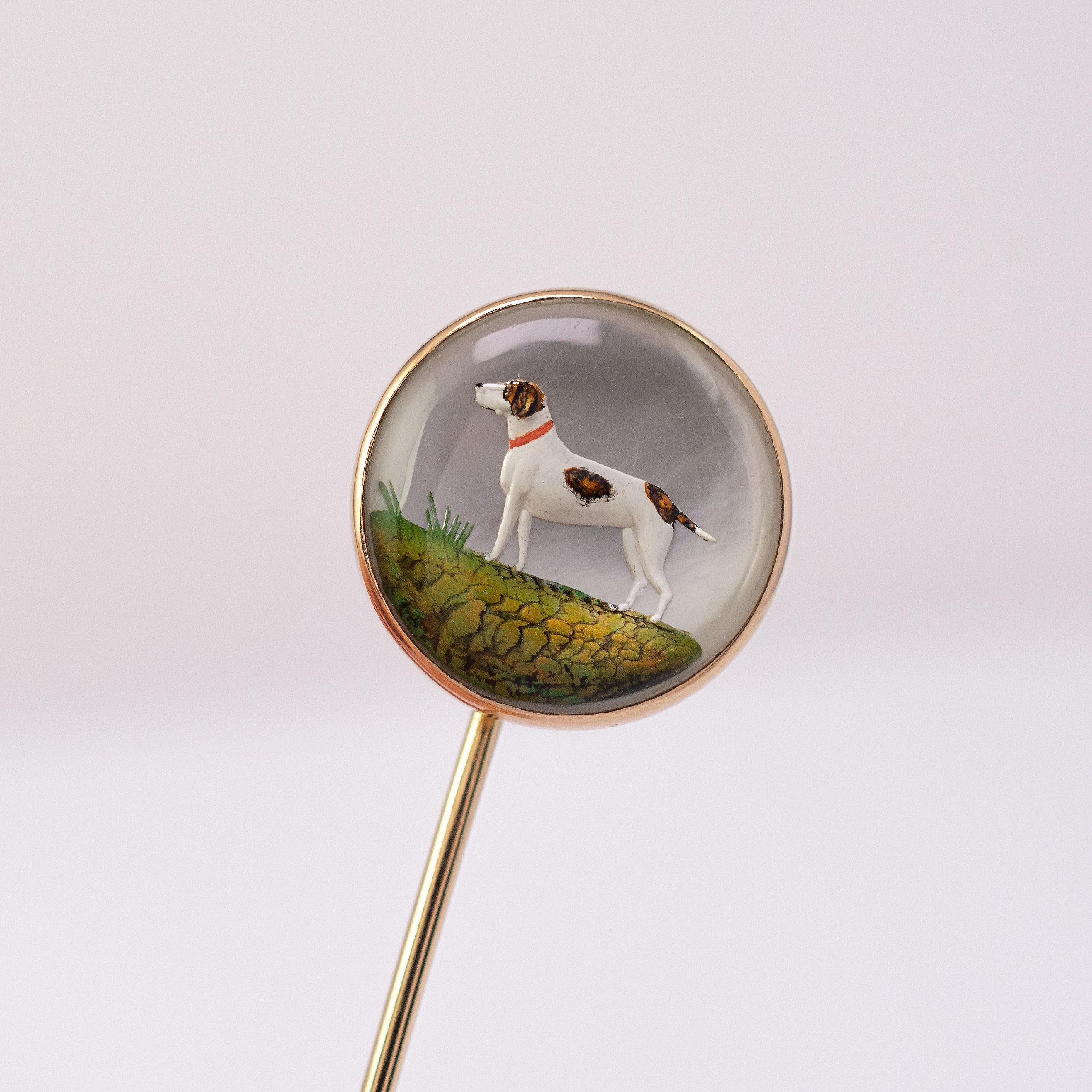 Women's Antique Essex Crystal Pointer Dog Stick Pin 15 Karat Gold, circa 1900 For Sale