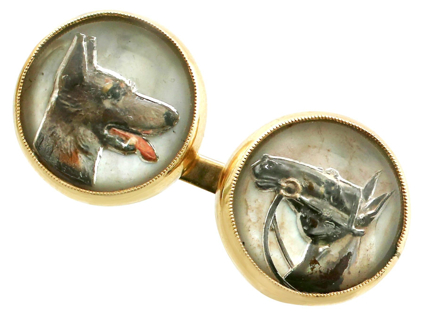 Cabochon Antique Essex Crystal Yellow Gold Dog and Horse Cufflinks For Sale