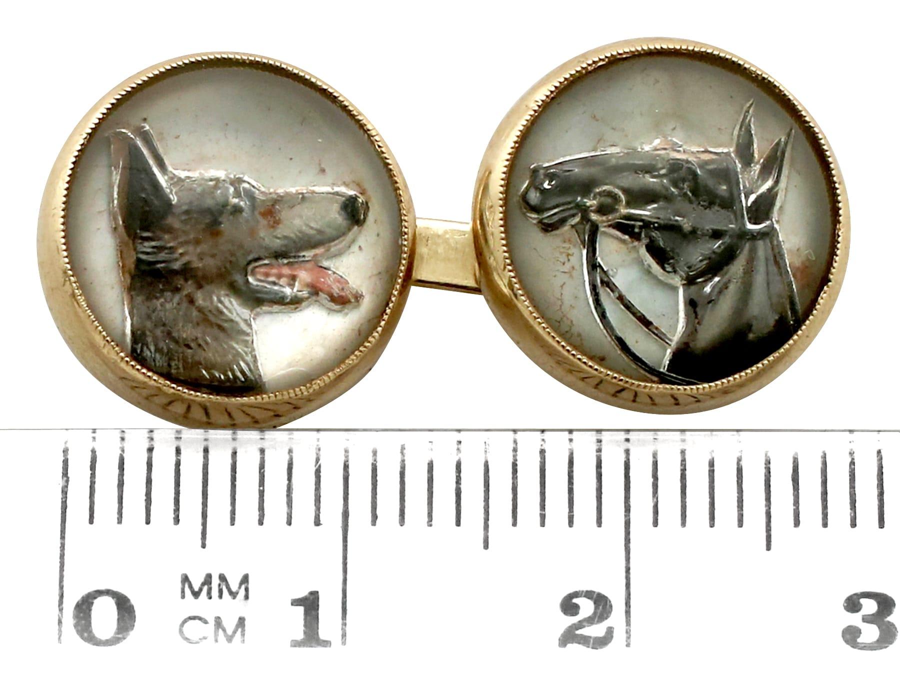 Women's or Men's Antique Essex Crystal Yellow Gold Dog and Horse Cufflinks For Sale