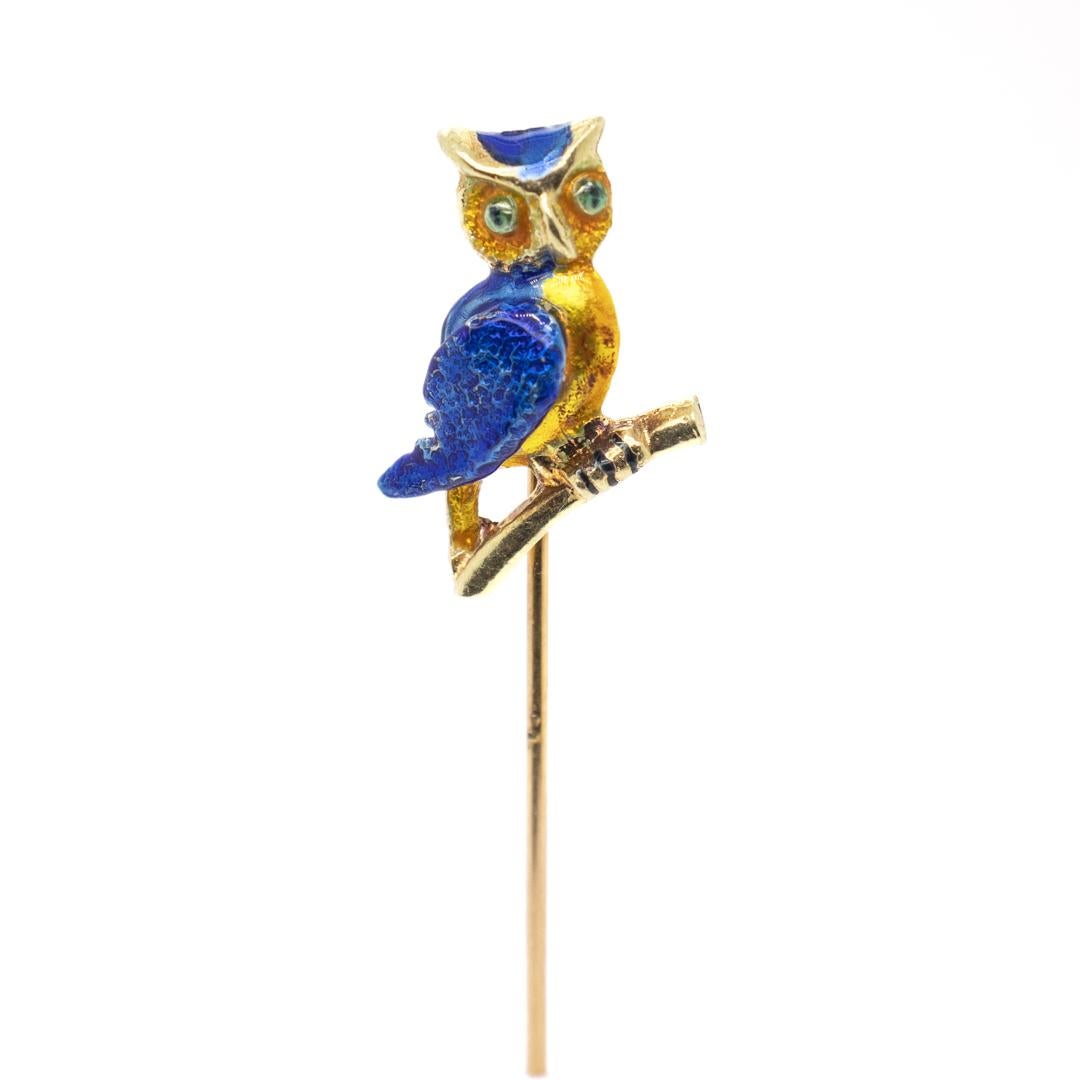 Antique Estate 14k Gold & Enamel Stickpin of an Owl In Good Condition In Philadelphia, PA
