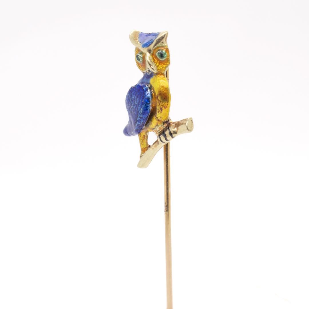 Women's or Men's Antique Estate 14k Gold & Enamel Stickpin of an Owl