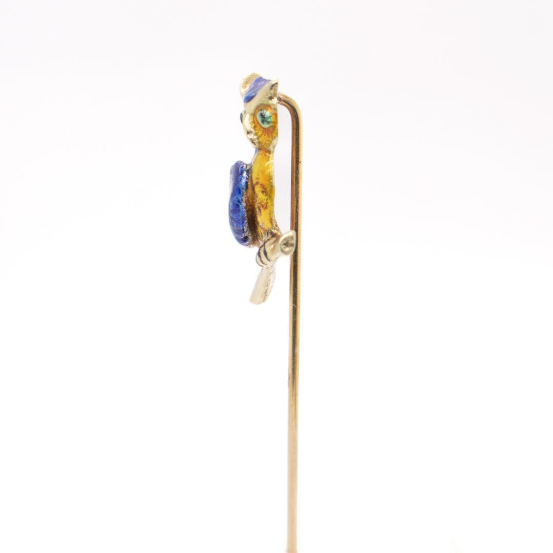 Antique Estate 14k Gold & Enamel Stickpin of an Owl 1