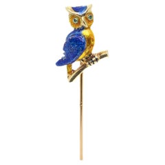 Retro Estate 14k Gold & Enamel Stickpin of an Owl