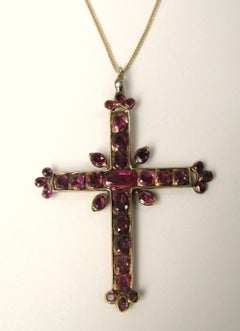 Antique Estate 1800's 14K Gold Ruby Diamond Cross, Mine cut Diamonds
