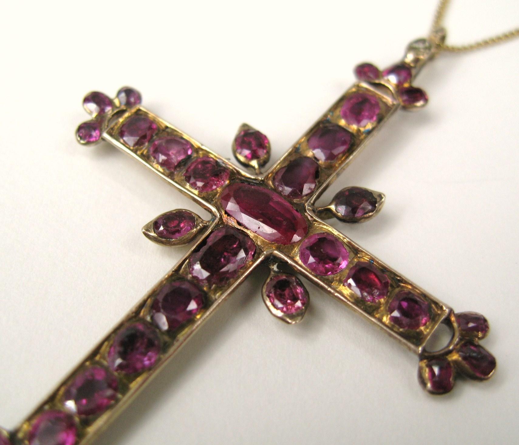 Georgian Antique Estate 1800's 14K Gold Ruby Diamond Cross, Mine cut Diamonds 