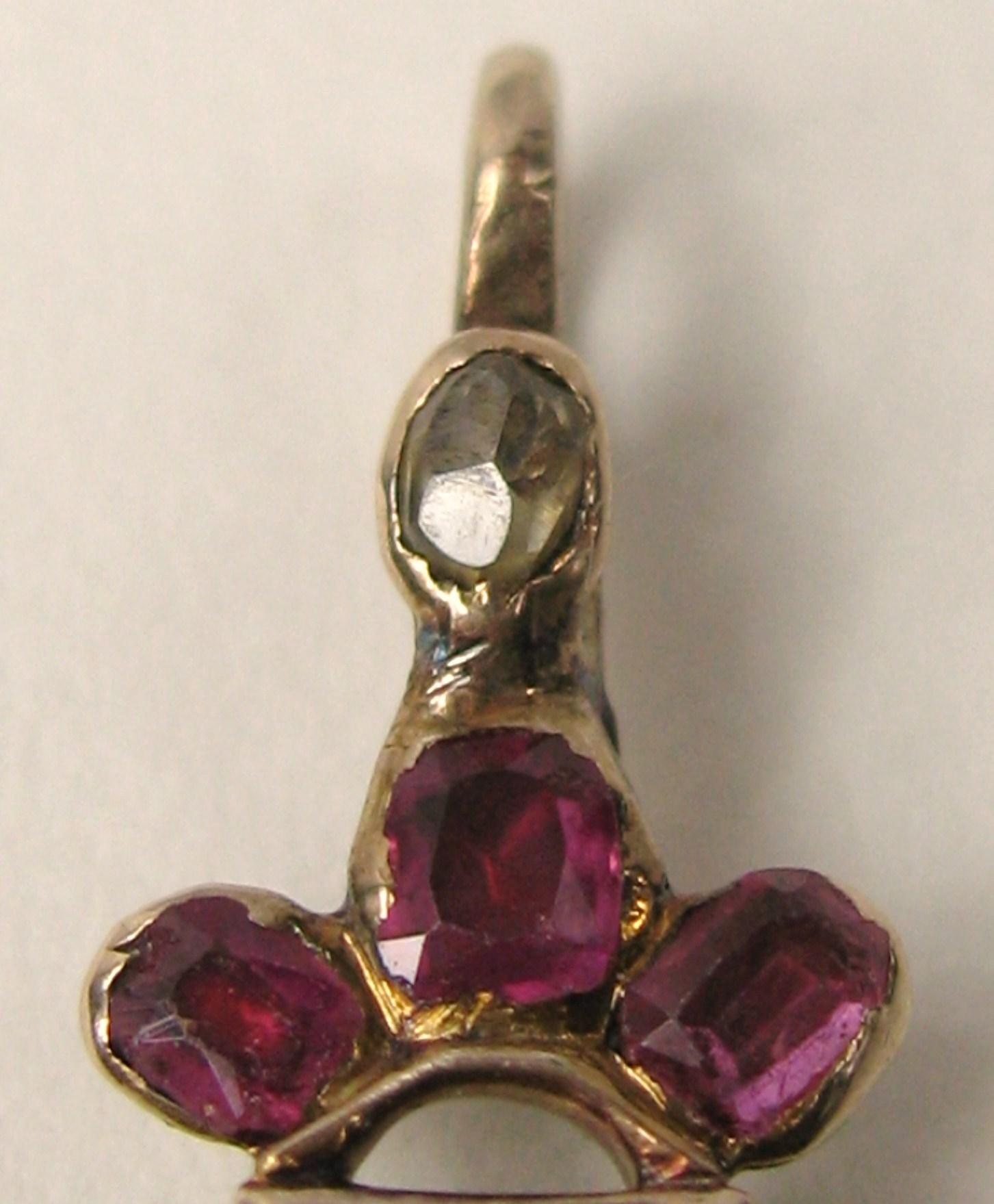 Antique Estate 1800's 14K Gold Ruby Diamond Cross, Mine cut Diamonds  In Good Condition In Wallkill, NY