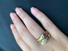 Antique Estate 18 Karat Yellow Gold and Diamond Double Snake Ring, 19th Century