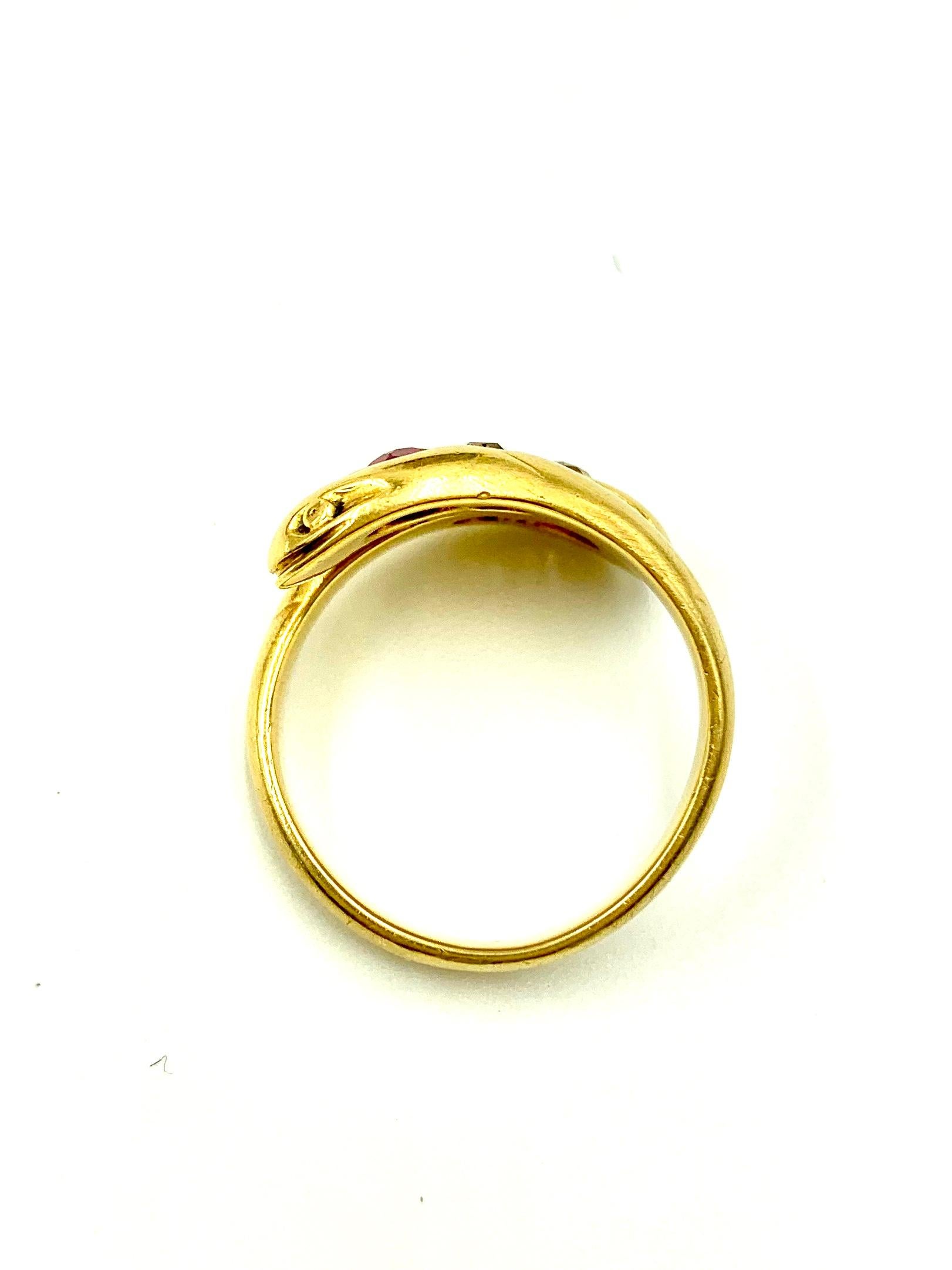 Round Cut Antique Estate 18 Karat Yellow Gold and Diamond Double Snake Ring, 19th Century