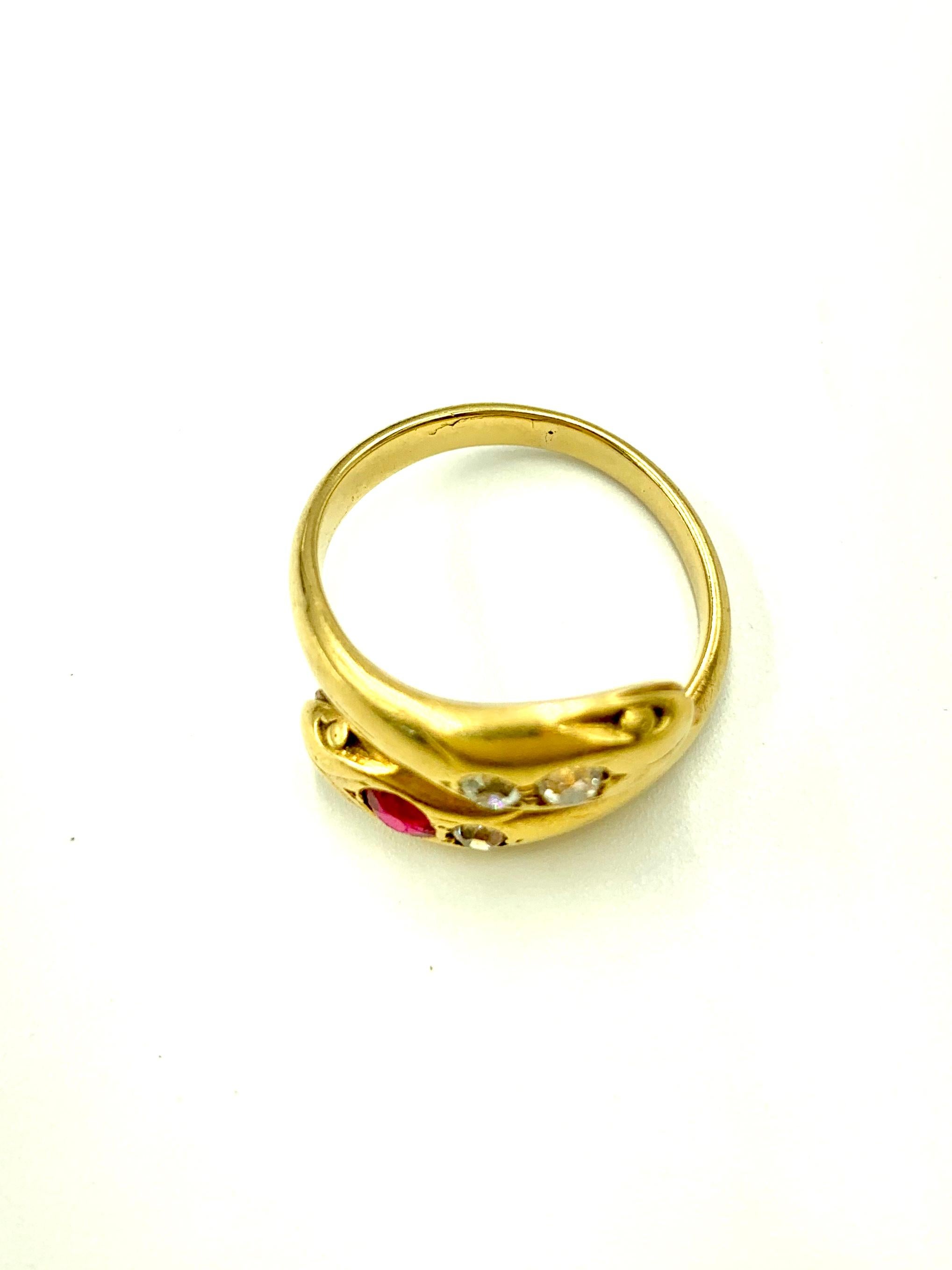 Women's or Men's Antique Estate 18 Karat Yellow Gold and Diamond Double Snake Ring, 19th Century