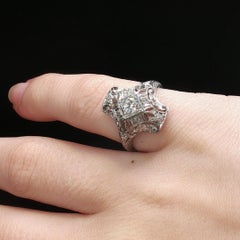 Antique Estate Art Deco Platinum Filigree Diamond Openwork Ring Size 4.25 3.3g