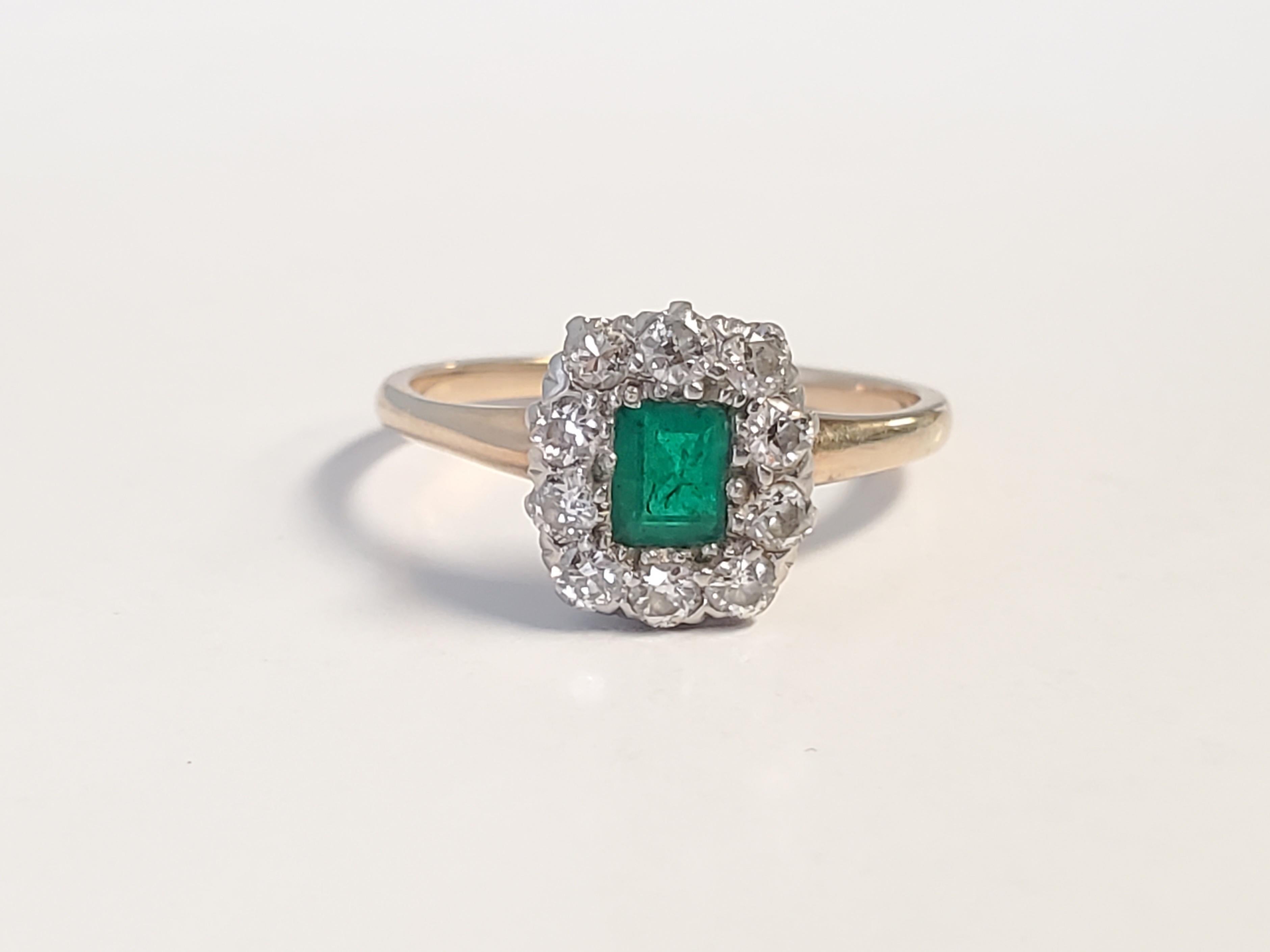 Antiker kolumbianischer Nachlass-Diamantring mit Smaragd und altem Eurodiamant (Art déco) im Angebot