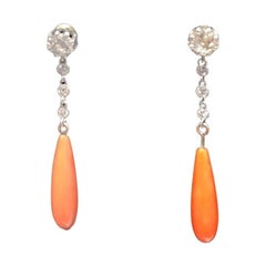 Antique Estate Coral Diamond Drop Dangle 18K Gold Earrings