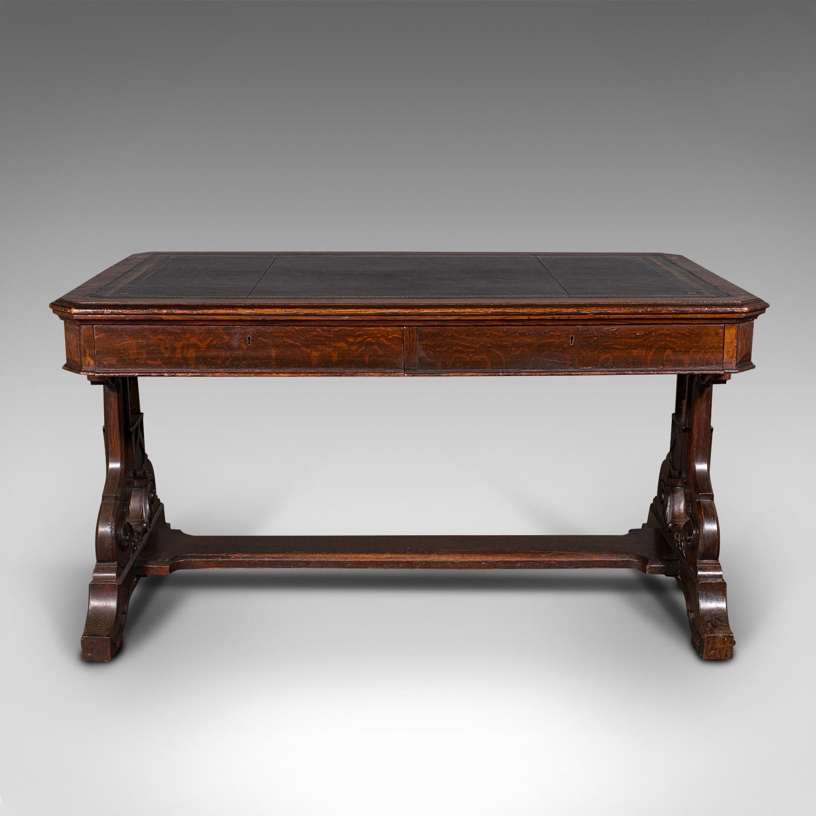 This is an antique estate desk. A Scottish, oak library table with leather skiver in Gothic revival taste, dating to the Victorian period, circa 1880.

Wonderfully stout, and fascinatingly finished desk
Displays a desirable aged patina and in