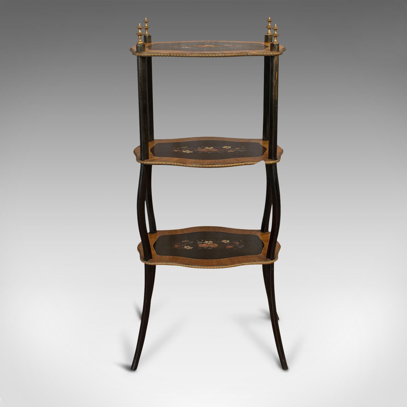 This is an antique étagère. A French, mahogany three-tier plant stand or whatnot, dating to the late Victorian period, circa 1900.

Delightful figuring and hand-finished touches
Displays a desirable aged patina
Mahogany crossbanding to each
