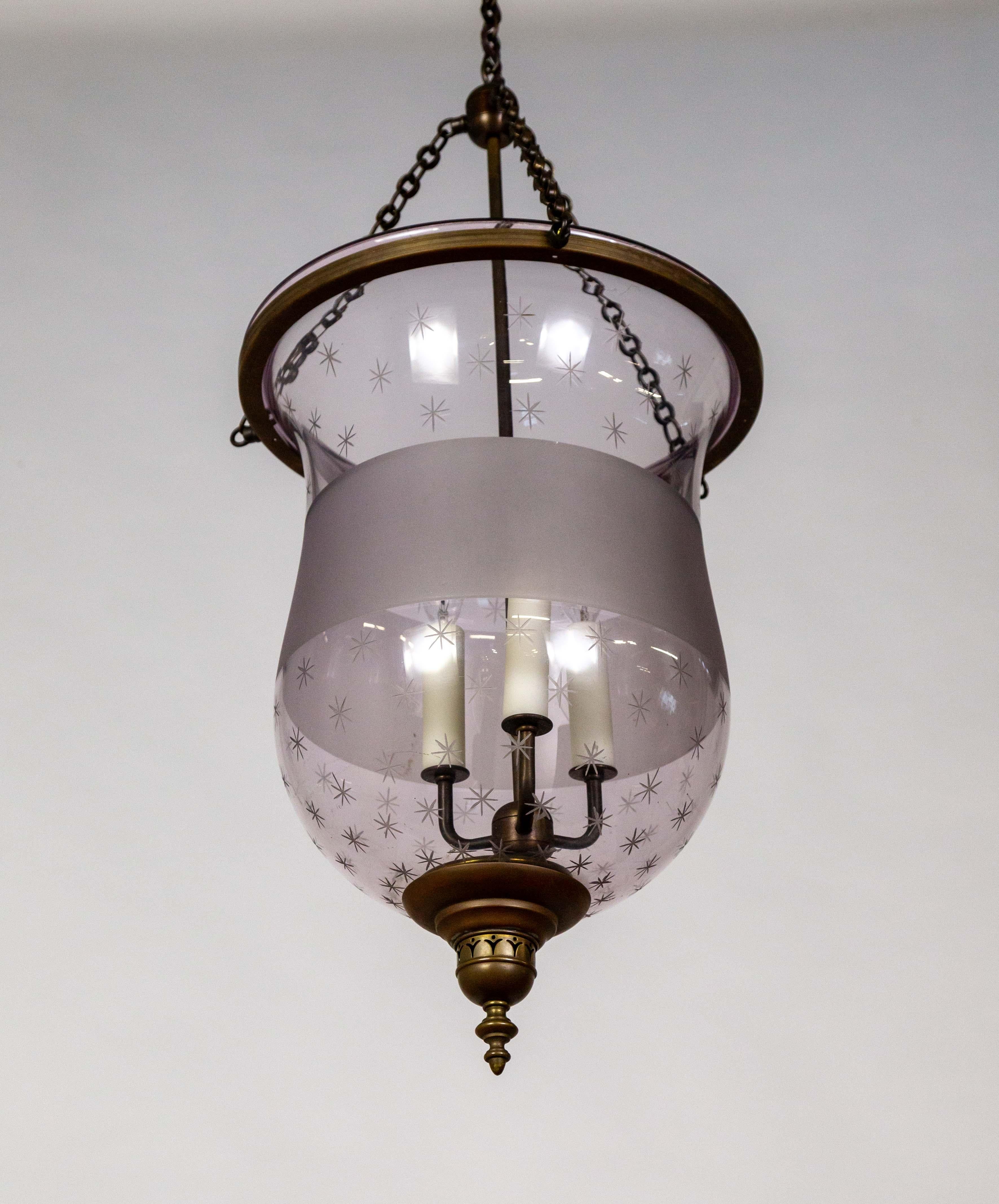 19th Century Antique Etched Amethyst Glass Bell Jar Lantern For Sale