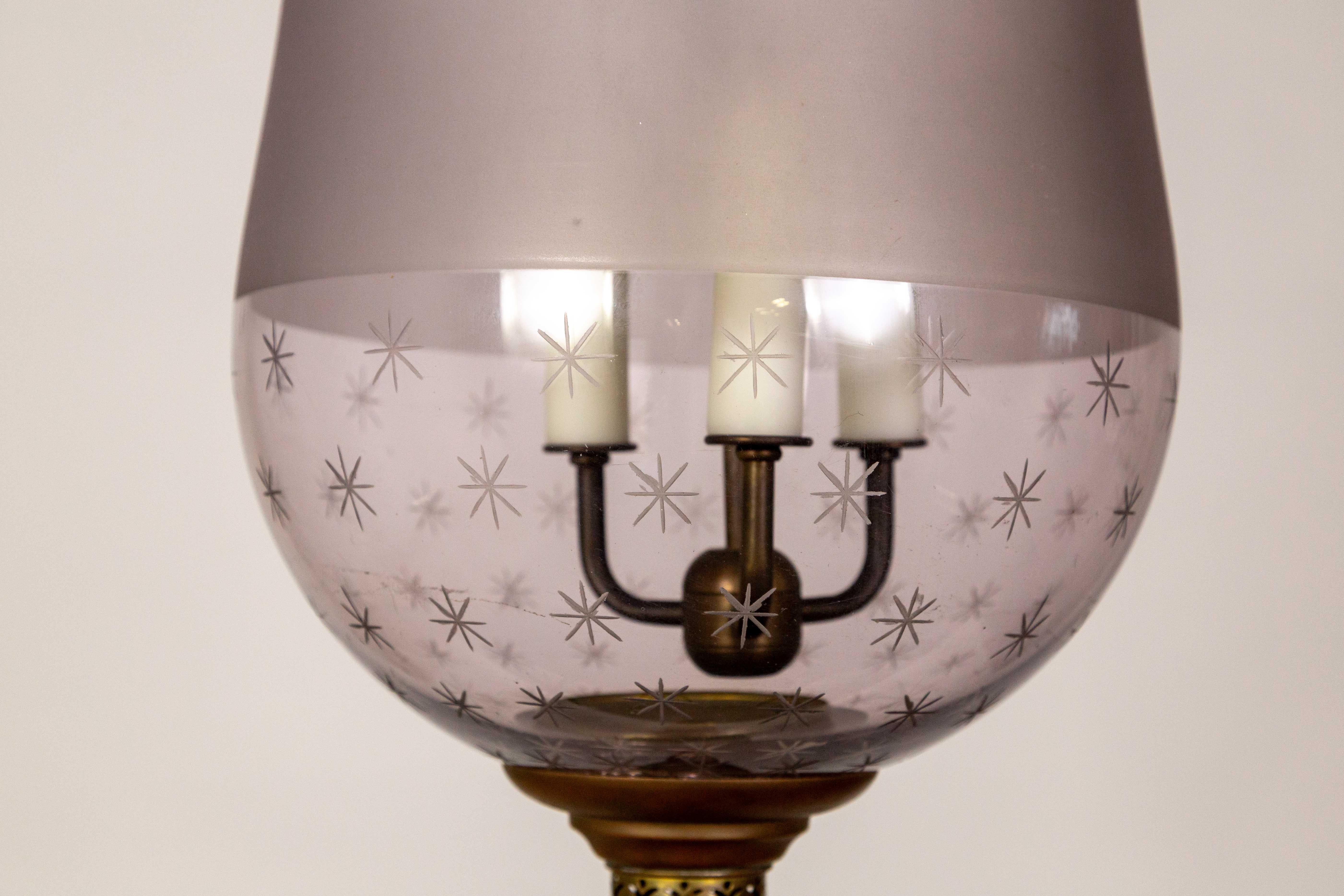 Brass Antique Etched Amethyst Glass Bell Jar Lantern For Sale
