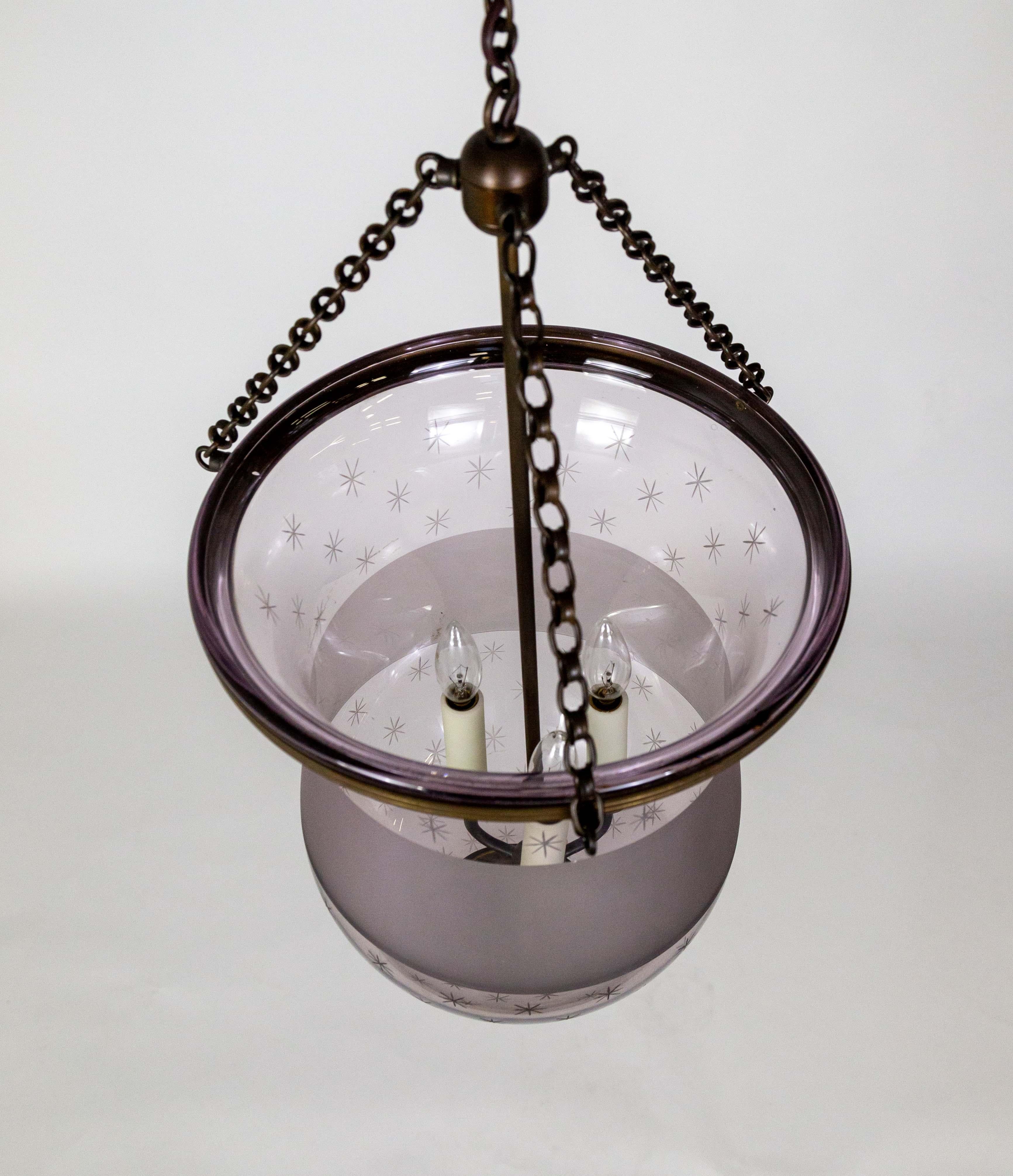 Antique Etched Amethyst Glass Bell Jar Lantern For Sale 3